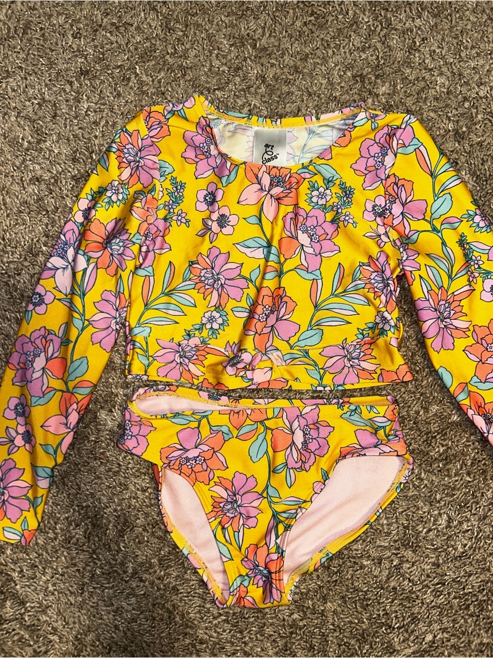 art class Yellow Floral Long-Sleeve Rashguard Swim Set with Pink Flowers